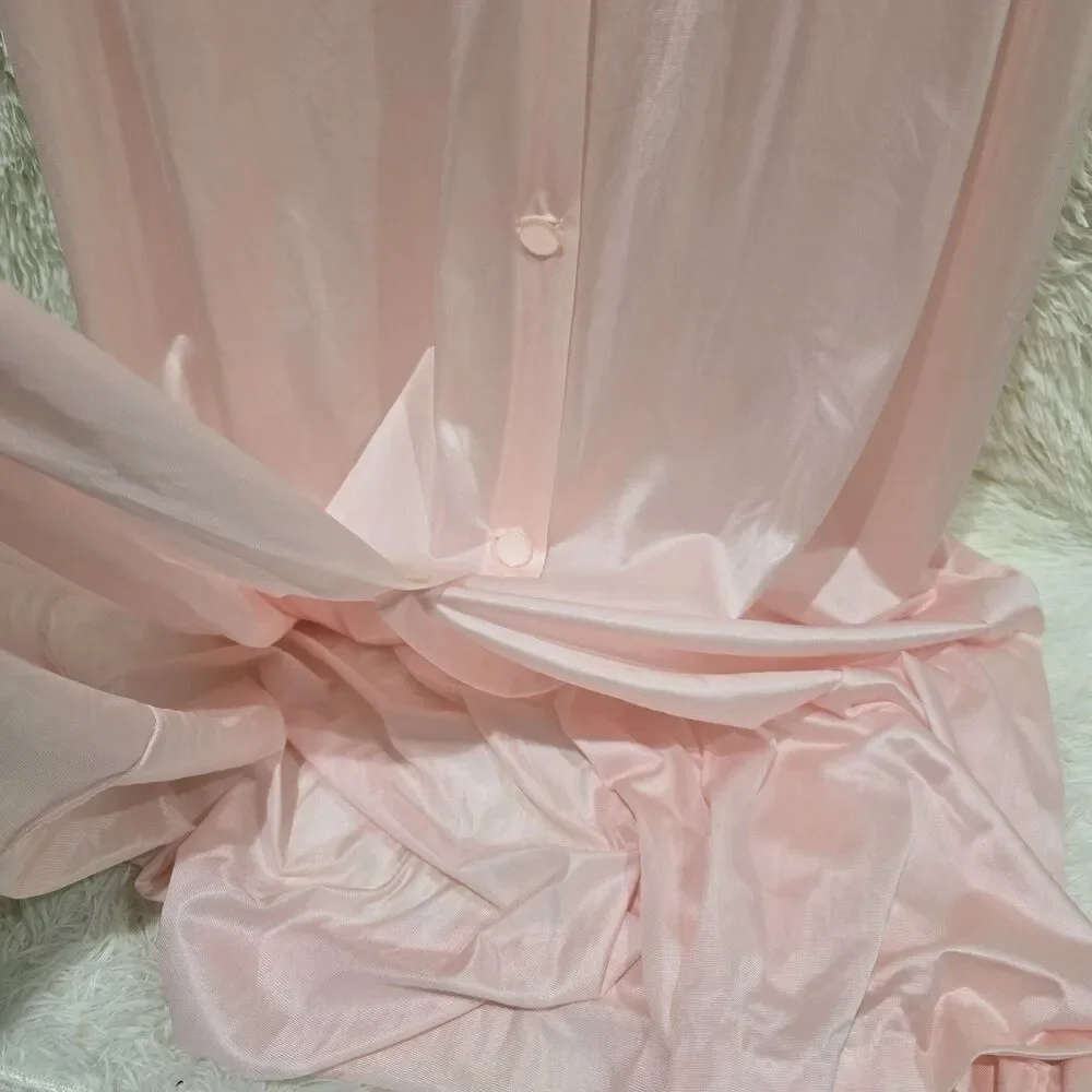Vintage Made Isn USA Long Nylon Pink Nightgown Button-Up Lace Embroidery Trim L